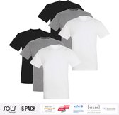 6 Pack Sol's Heren T-Shirt 100% biologisch katoen Ronde hals Zwart, Grijs en Wit Maat S