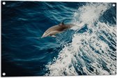 WallClassics - Tuinposter – Springende Dolfijn in de Golvende Zee - 90x60 cm Foto op Tuinposter (wanddecoratie voor buiten en binnen)