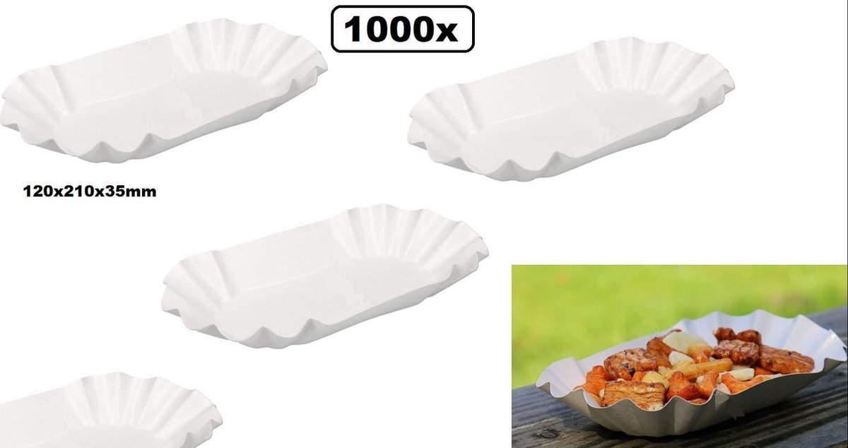1000x Bakje geschulpt karton wit 120x210x35mm - snack vis vet oliebol kroket