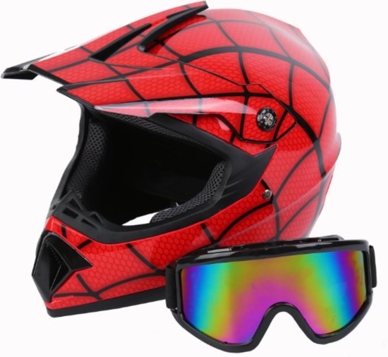Yuricoo – Crosshelm Spiderman Rood – Offroadhelm met Gratis Bril - Motor & Brommer helm – Scooter helm – Helmplicht – Maat 59/60 CM