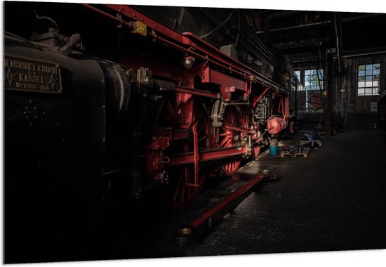 WallClassics - Acrylglas - Locomotief zwart met rood - 150x100 cm Foto op Acrylglas (Wanddecoratie op Acrylaat)