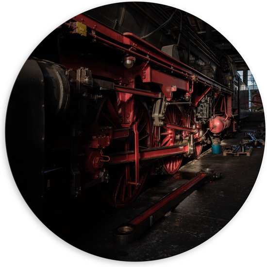 WallClassics - Dibond Muurcirkel - Locomotief zwart met rood - 120x120 cm Foto op Aluminium Muurcirkel (met ophangsysteem)