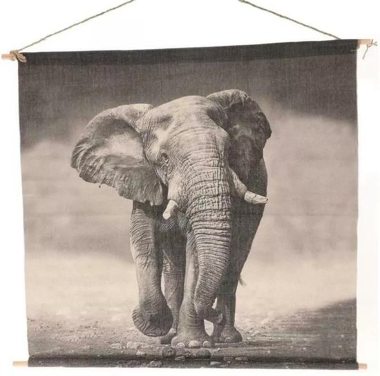 HBX Wanddoek - Olifant - safari canvas - 52 cm - Textielposter - grijs - poster - natuurcanvas