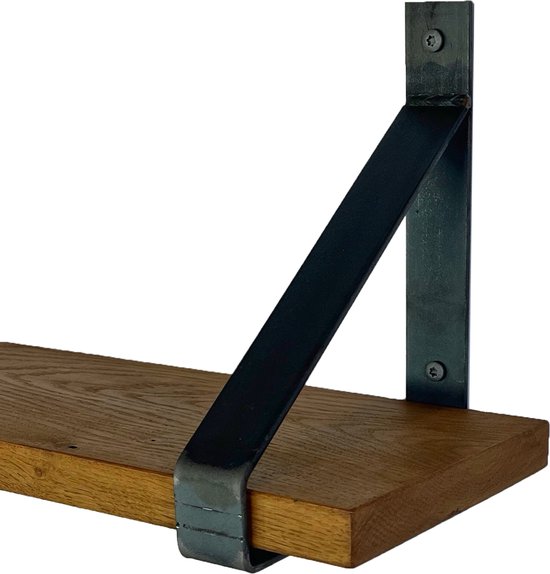 GoudmetHout Massief Eiken Wandplank - 160x20 cm - Donker eiken - Industriële plankdragers - zonder coating - Staal - Wandplank hout