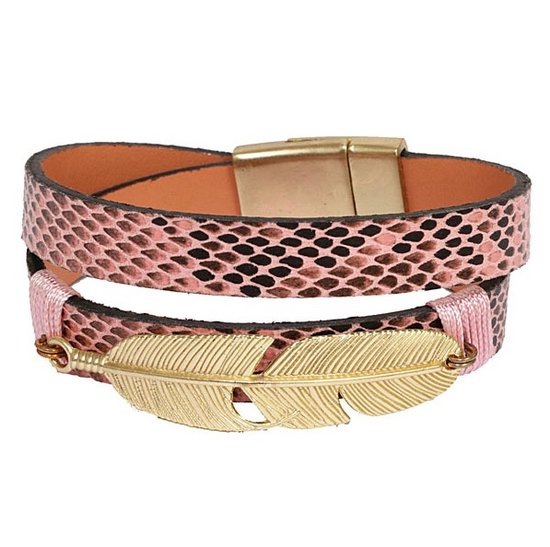 Fashion Jewelry Wikkelarmband slangenprint met veer in Roze met Magneetsluiting - Moederdag - Valtentijn - Kado - voor haar