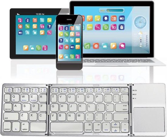Universeel Draadloos Opvouwbaar / Inklapbaar Toetsenbord met Touchpad - Bluetooth Keyboard - Geschikt voor Tablet (Windows) PC & Apple Mac - QWERTY - Opvouwbaar - Zilver