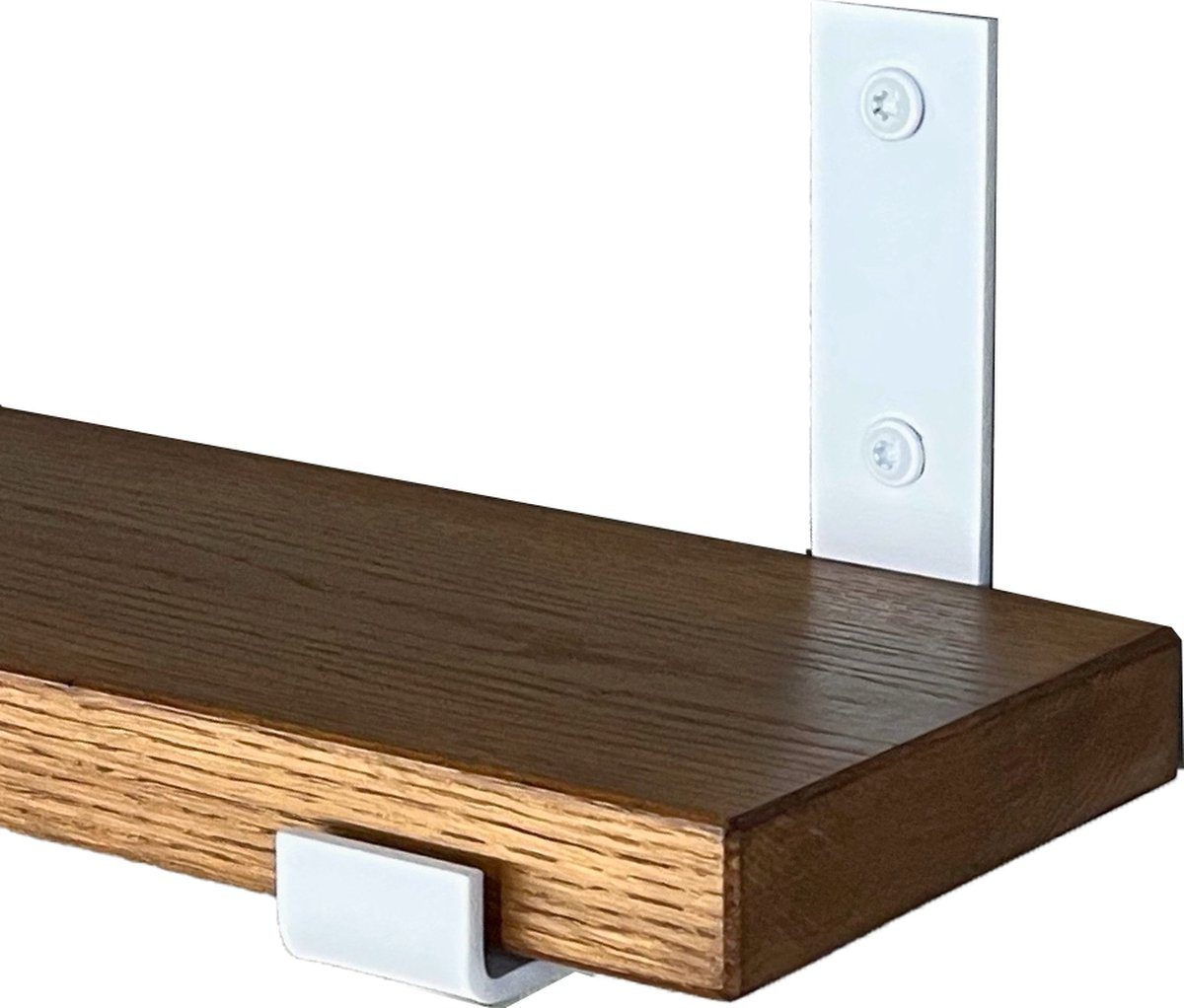 GoudmetHout Wandplank Industrieel - 160 x 15 cm Muurplank - Donker Eiken Hout - Decoratie Wandrek & Boekenrek - Hangplank Keuken - Wall Shelf + 2 Mat Witte Plankdragers van Staal Donker eiken - Mat wit - 15 cm