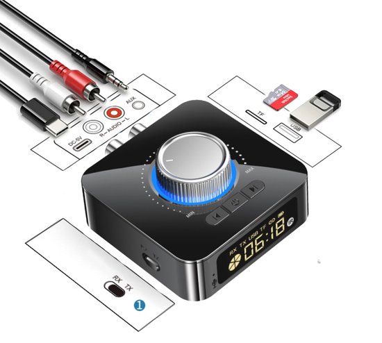 Levabe - Multi Connect Bluetooth Receiver & Transmitter - LCD scherm - Auto - TV - Bluetooth Transmitter - 2 in 1 Zender en Ontvanger - Audio Adapter - 3.5mm AUX/RCA/Optisch/Coax/usb/TF/SD