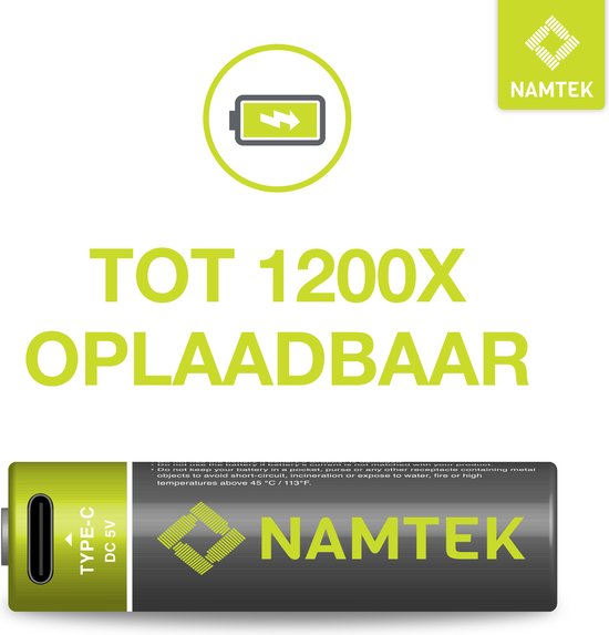 Namtek AA + AAA Oplaadbare Batterijen 1,5 Volt (2600 + 740 mWh) met USB TypeC Kabels...
