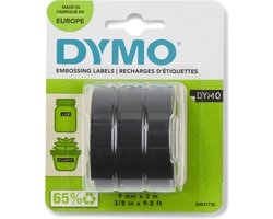 DYMO originele labeltape met reliëf | rollen van 9 mm x 3 m | Wit op zwart | Zelfklevend | Voor labelmakers voor reliëfdruk | 3 stuks