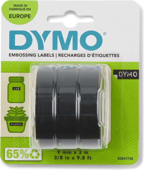 DYMO originele labeltape met reliëf | rollen van 9 mm x 3 m | Wit op zwart | Zelfklevend | Voor labelmakers voor reliëfdruk | 3 stuks