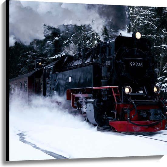 WallClassics - Canvas - Rijdende Stoomtrein in de Sneeuw - 100x100 cm Foto op Canvas Schilderij (Wanddecoratie op Canvas)