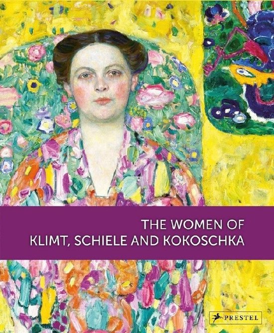 Boekomslag met een schilderij van een vrouw in een bloemrijke omgeving, titel: The Women of Klimt, Schiele and Kokoschka.