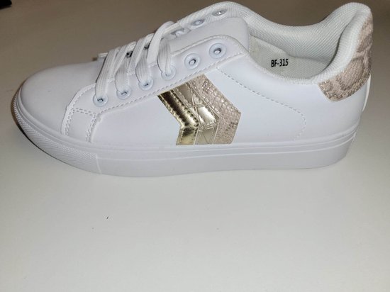 SUPER CONFI WITTE SNEAKERS MET CHAMPAGNE/GOUDKLEUR STREPEN