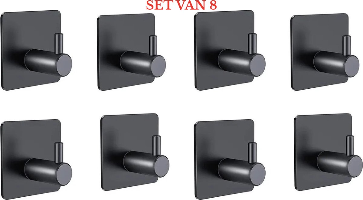 SwissBex - Set van 8 Handoekhaakjes - Zwart - RVS - Zelfklevend - Design
