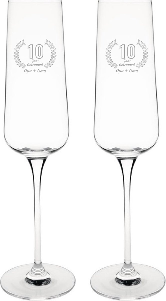 Gegraveerde set champagneglazen 27cl Opa + Oma 10 jaar getrouwd