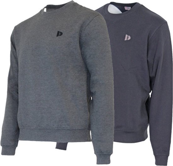 Twee Donnay sport T-shirts met lange mouwen, een in grijs en een in donkergrijs, met een logo op de borst.