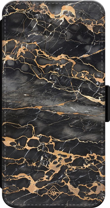 Bibliothèque Casimoda® - Coque iPhone 14 Pro Max avec porte-cartes - Marbre gris bronze - Doré - Similicuir