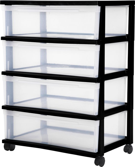 IRIS New Wide Chest ladesysteem - 4 lades x 30L - Kunststof - Zwart/Transparant - Met wielen