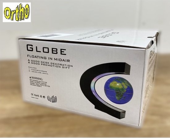 Boîte d'un globe flottant avec le texte "GLOBE FLOATING IN MIDAIR" et une image du globe sur un support noir.