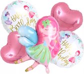 Fee - Fairy - Ballonnenset - 5 stuks - Verjaardag - Birthday - Happy Birthday - Babyshower - Meisjes - Hartjes - Vrolijk - Versiering - Decoratie - Themafeest - Kinderpartijtje - Feest - Folieballonnen