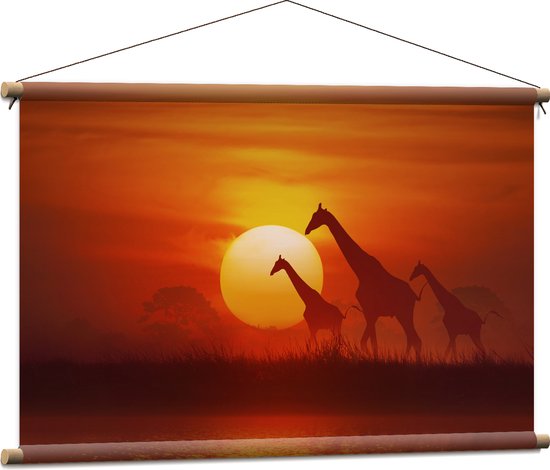 Textielposter - Zonsondergang Silhouet van Giraffen - 90x60 cm Foto op Textiel