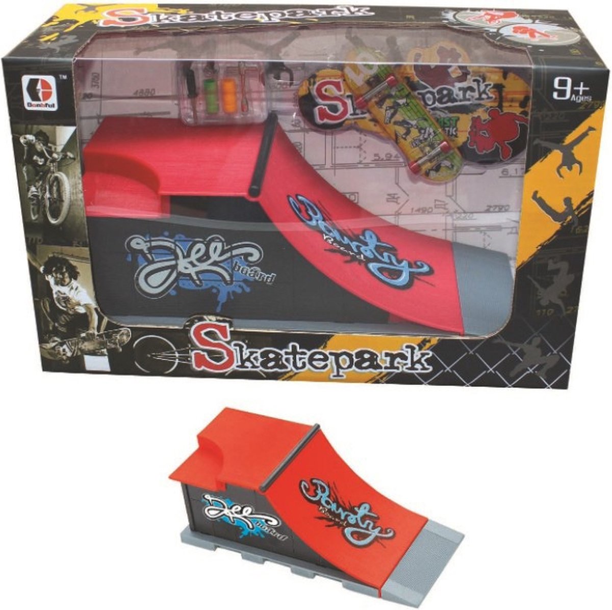 Fingerboard Skatepark met skateboard, stunt bike, met tools kit ...