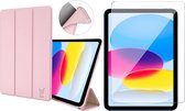 Hoes met Screenprotector geschikt voor iPad 2022 10.9 inch 10e Generatie - Trifold Smart Cover Book Case Leer Tablet Hoesje Roze + Gehard Glas Screen Protector