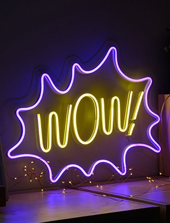OHNO Neon Verlichting WOW - Neon Lamp - Wandlamp - Decoratie - Led - Verlichting - Lamp - Nachtlampje - Mancave - Neon Party - Kamer decoratie aesthetic - Wandecoratie woonkamer - Wandlamp binnen - Lampen - Neon - Led Verlichting - Geel, Paars