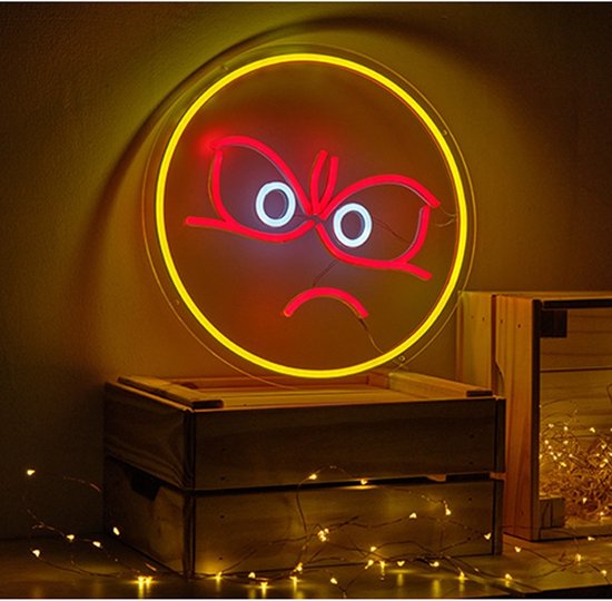 OHNO Neon Verlichting Sad Face - Neon Lamp - Wandlamp - Decoratie - Led - Verlichting - Lamp - Nachtlampje - Mancave - Neon Party - Kamer decoratie aesthetic - Wandecoratie woonkamer - Wandlamp binnen - Lampen - Neon - Led Verlichting - Rood, Geel