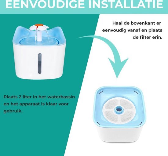 Witte drinkfontein met blauwe accenten, water stroomt. Pijl wijst naar een blauw reservoir met een filter erin. Tekst: 'Eenvoudige installatie.'