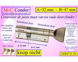 M&C Condor high security deurcilinder met Knop OVAAL 47x32 mm met 3 sleutels - SKG*** - Politiekeurmerk Veilig Wonen - inclusief MilaNNE gereedschap montageset