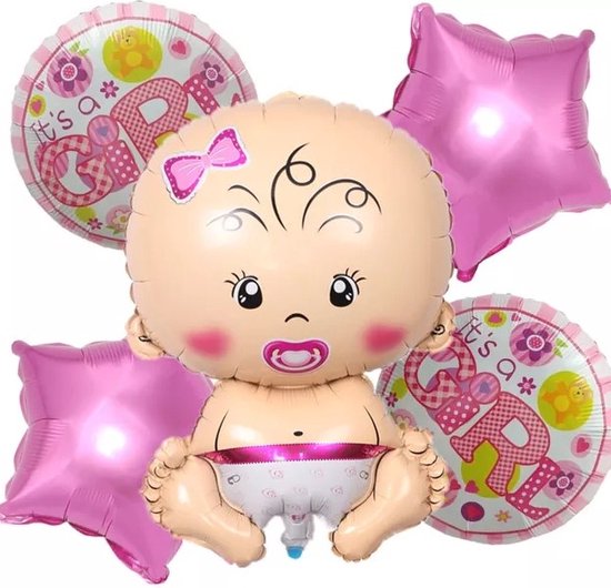 Baby Girl - Meisje - Roze - Ballonnenset - Folieballonnen - 5 stuks - Baby - Geboorte - Kraamtijd - Babyshower - Versiering - Decoratie - Feestje - Viering - Gefeliciteerd