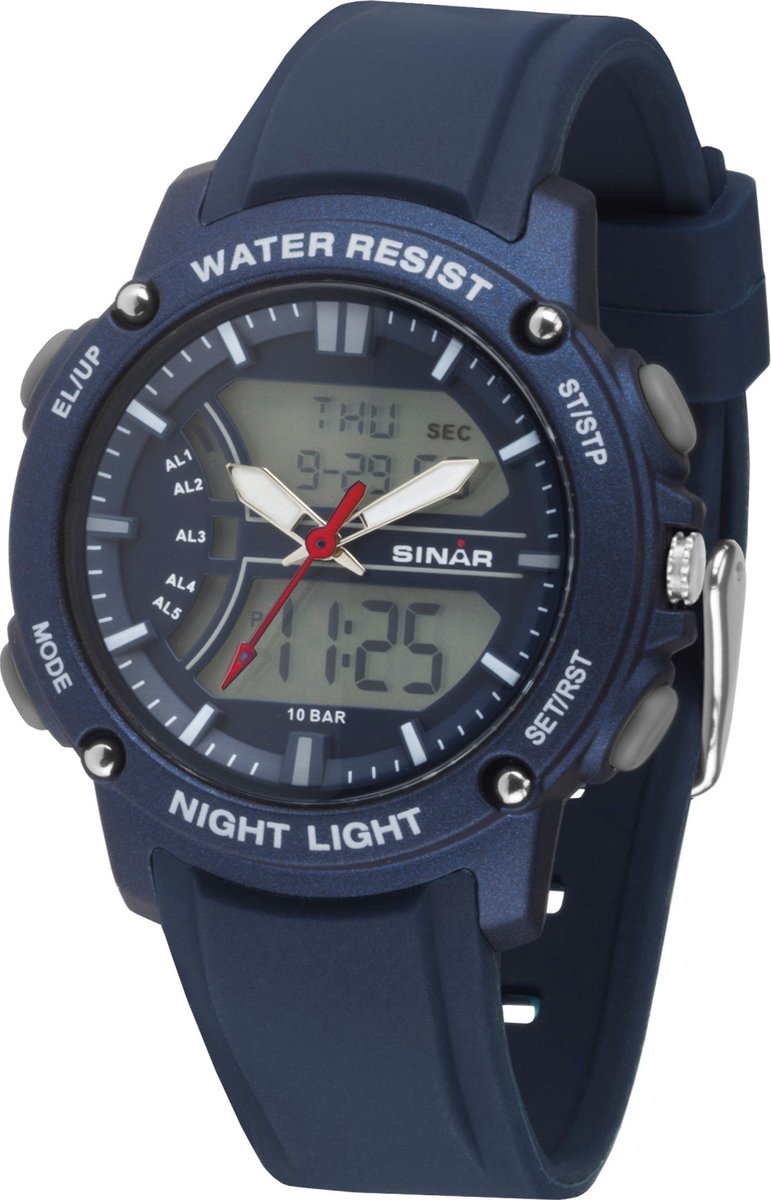 SINAR - Horloge Heren - Digitaal & Analoog - Waterdicht - Stopwatch - 5 alarmen - Tweede tijdzone - Verlichting - Stevig siliconen bandje - Verstelbaar (14,5 - 21 cm) - Blauw - XW-27-2