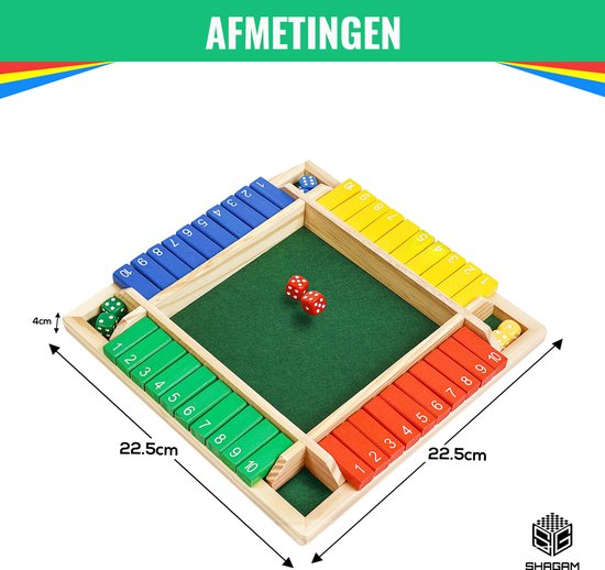 Shut The Box - 4 joueurs - Couleur - Bois - Jeu de dés - Comprend des dés - Jeu  de