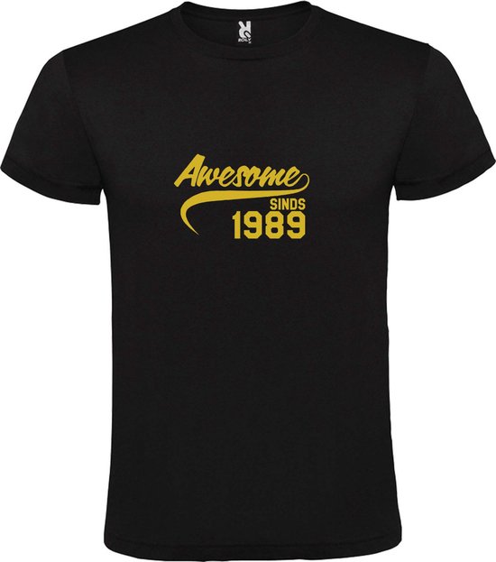 Zwart T-Shirt met “Awesome sinds 1989 “ Afbeelding Goud Size L