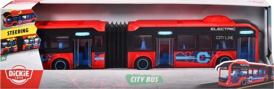 Rode dubbele stadsbus in verpakking, met 'ELECTRIC CITY LINE' en blauw logo. 'DICKIE TOYS' logo zichtbaar.