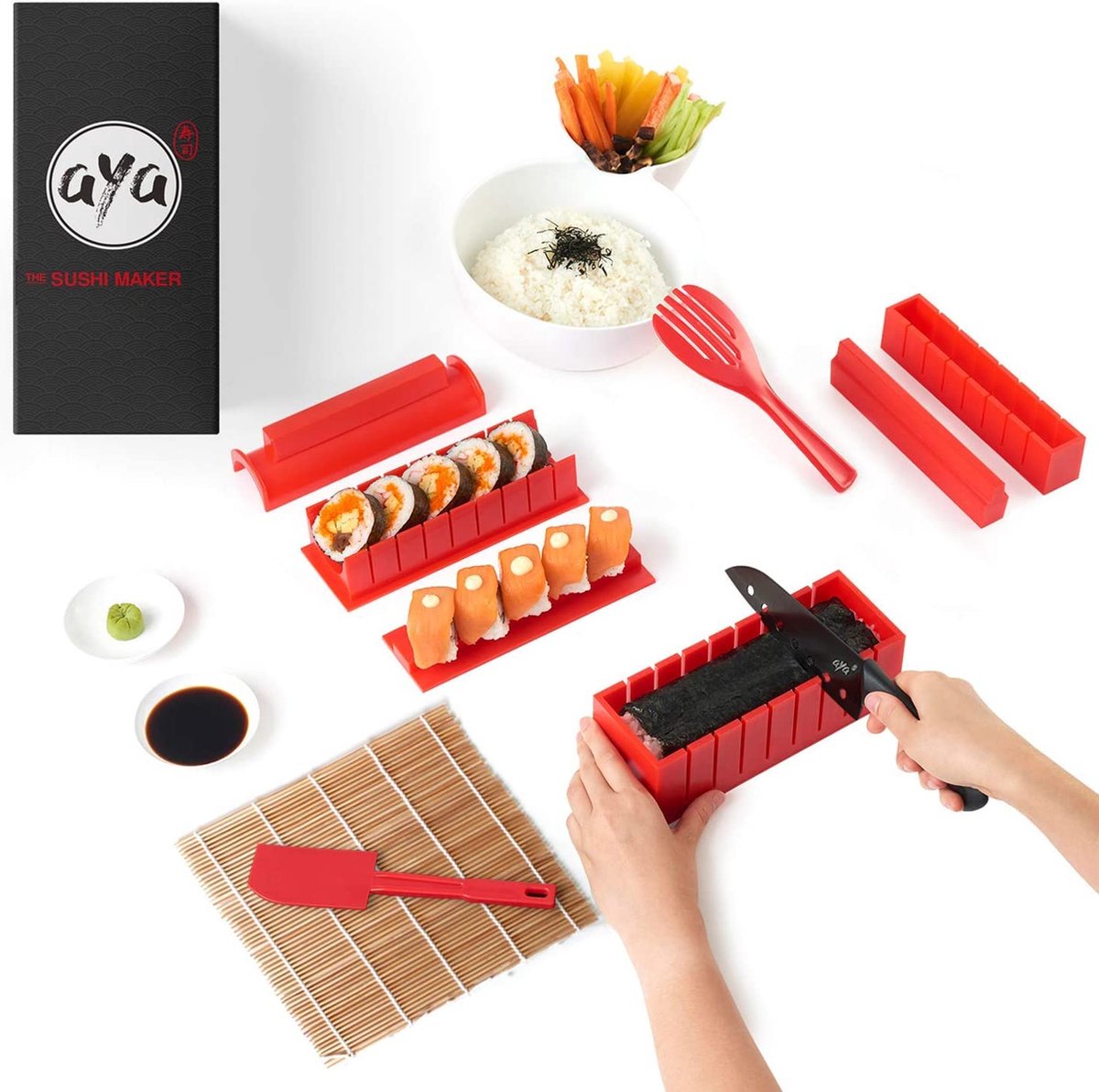 AYA Sushi Maker Kit Sushi Maker Rood Compleet met Sushi messen en exclusieve video tutorials 11 stuks DIY sushi set - Eenvoudig en leuk voor beginners - Sushi Roller Maki Roll - Sushi Roller