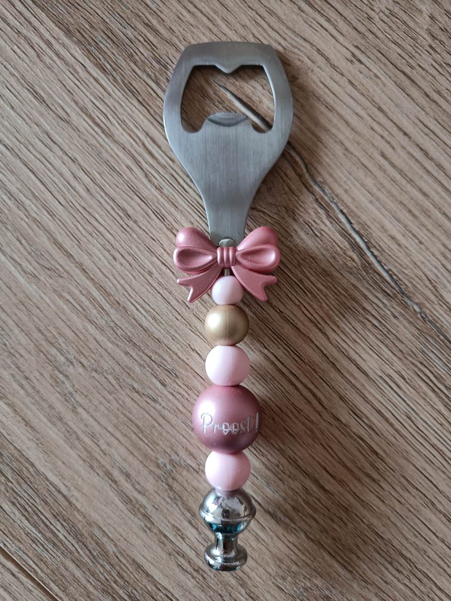 Flesopener Proost - Gepersonaliseerde flesopener - Cadeau - Flessenopener RVS met kralen Roze - 1 stuk