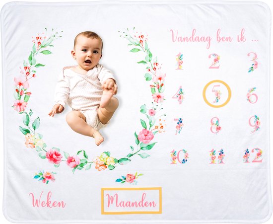 Foto: Flouer mijlpaaldeken bloemen milestone deken kraamcadeau meisje mijlpaaldeken baby babyshower meisje cadeau baby meisje kraamcadeautjes mijlpaal deken milestone blanket babyshower cadeau