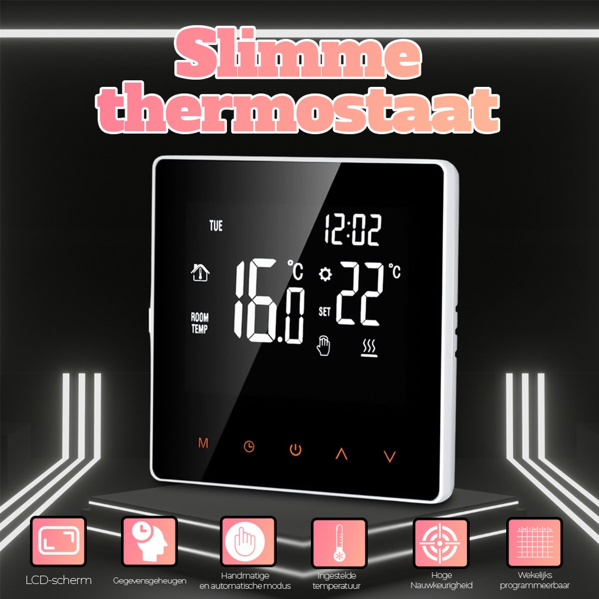 Thermostaat temperatuurregelaar, programmeerbare digitale thermostaat LCD-scherm Warmtepomp Slimme thermostaat, met kinderslotbeveiliging, gegevensgeheugen, vakantiemodus, verschillende werkmodi