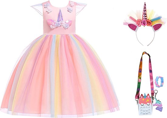 Unicorn - Prinsessenjurk meisje - Fidget toys - Lange handschoenen - Roze jurk - Eenhoorn - Haarband - Het Betere Merk - maat 122/128 (140) - Verkleedkleren Meisje