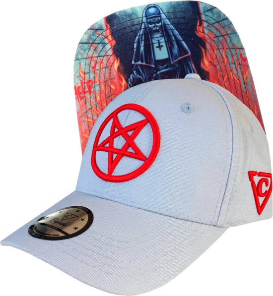 Capiche® Baseball Pet Heren – Cursed Nun – Lichtgrijs & Rode Pentagram – Verstelbaar met Druksluiting – Sportcap – Curved Pet – Vervloekte Non Pet