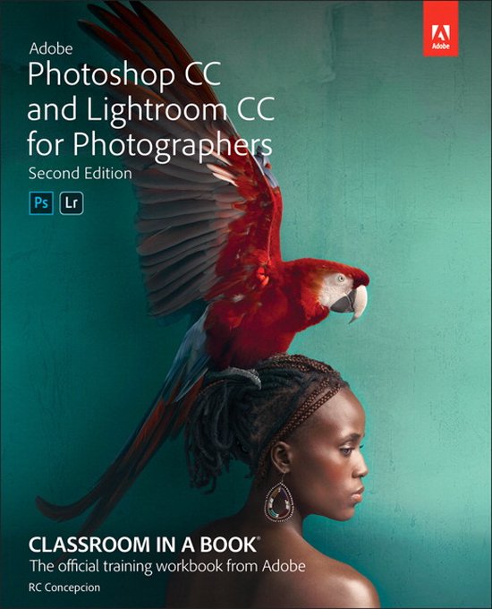 Livre « Adobe Photoshop CC and Lightroom CC for Photographers, Second Edition » avec un ara sur la tête d'une femme.