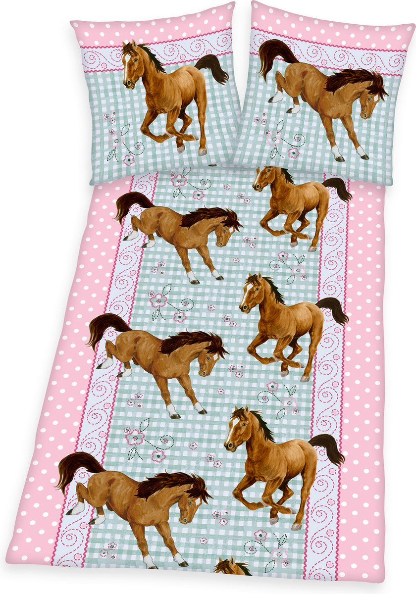 Paard Dekbedovertrek op een Roze Blauw achtergrond - Maat. 135/200 cm + 1 sloop