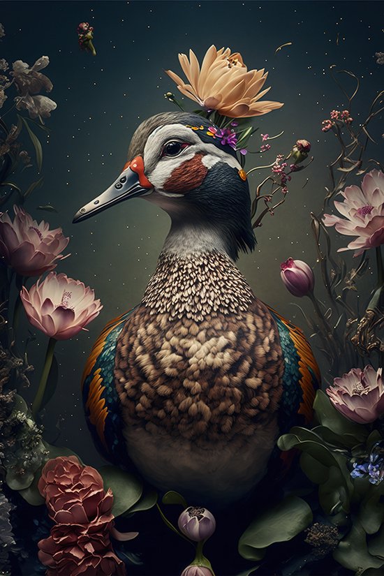 Mandarijn eend vogel met bloemen poster - 60 x 90 cm