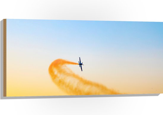 WallClassics - Hout - Zweefvliegtuig met Oranje Rook - 100x50 cm - 9 mm dik - Foto op Hout (Met Ophangsysteem)