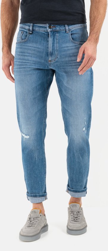 camel active Tapered Fit Destroyed jeans met smartphonezakje - Maat menswear-38/36 - Denim Blauw