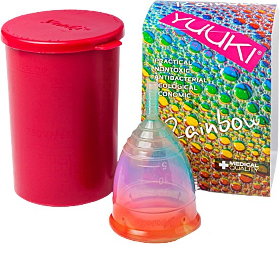 Foto: Yuuki cup classic menstruatiecup rainbow jolly large maat 2 met bewaarbeker magnetron sterilisator gemakkelijk in gebruik goede grip bij het verwijderen