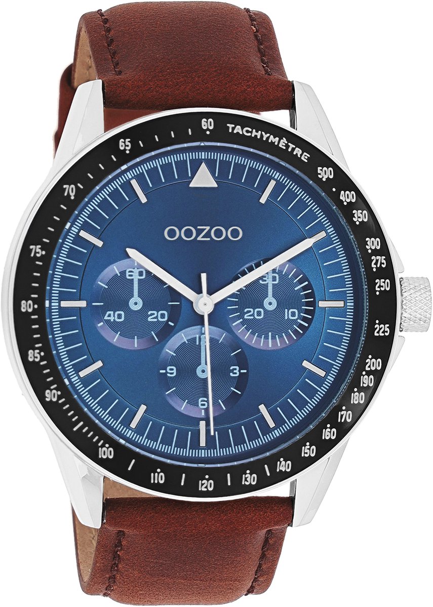 OOZOO Timepieces - Zilverkleurige horloge met bruine leren band - C11110